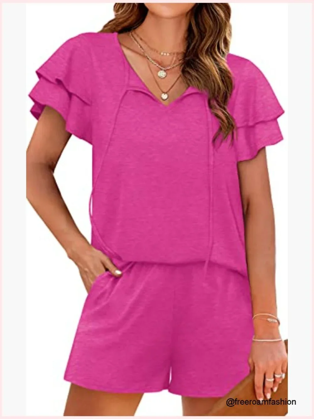 Women's 2 Piece Lounge Set Short Sleeve V Neck Top with Shorts